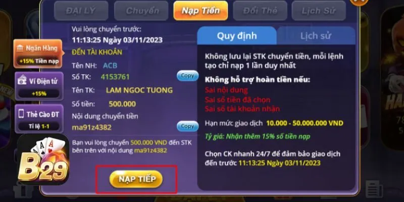 Nạp tiền B29 3 Nên vào đúng link an toàn của nền tảng